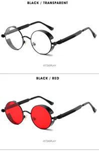 Detail view of steampunk round metal sunglasses with side shields and spring temples