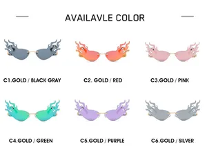 Detailed view of six available colors of flame rimless sunglasses with gold metal frames