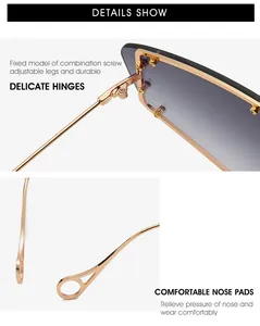 Detail of metal hinge and screw structure on gold frame sunglasses with gradient lenses