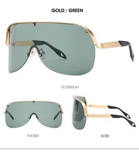Vue en trois angles des lunettes de soleil oversize à monture dorée et verre vert