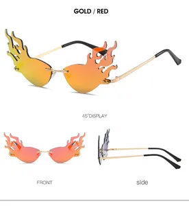 Three-way view showing gold metal temples and red flame-shaped rimless lenses