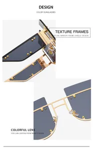 Macro detail of rimless sunglasses featuring golden metal frames and decorative rivets