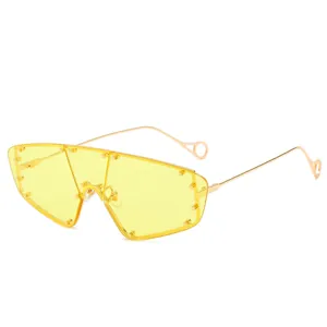 Fashion Oversized Shield Sunglasses Rimless Metal Frame Rivet Decor UV400 Protection One Piece Lens For Women Men Outdoor