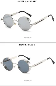 Detail of steampunk metal frame round sunglasses with carved temples and side shields