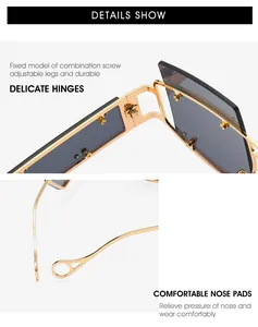 Macro view of golden metal hinges and nose pads on rimless fashion sunglasses