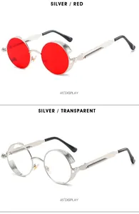 Detail view of steampunk round metal sunglasses in silver frame with red and clear lenses