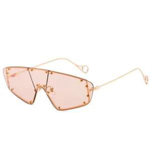 Fashion oversized shield sunglasses with pink lenses and gold metal studs decoration