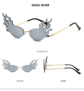 Multi-angle view of flame-shaped rimless sunglasses with gold metal frame and rivets