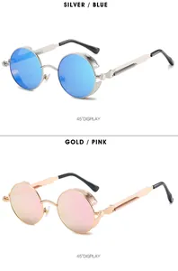 Steampunk round metal sunglasses with spring temple detail in silver blue and gold pink