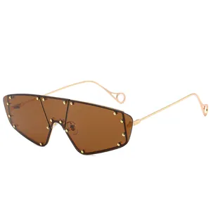 Fashion metal frame shield sunglasses with brown lenses and gold stud details