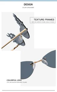 Macro detail of flame-shaped rimless sunglasses with gold metal frame and smoky gray lenses