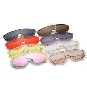 Fashion rimless one-piece shield sunglasses with metal rivets in eight assorted colors