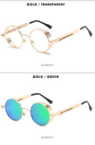 Detail of steampunk metal round sunglasses with spring temples and side shields