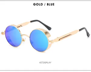 Detail view of steampunk round sunglasses with gold metal frame and blue lenses