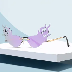 Trendy Flame Shape Rimless Sunglasses For Women Fashion Y2K Punk Fire Design Metal Frame HD Lens UV400 Protection Party Eyewear