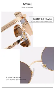 Detail of steampunk round metal sunglasses with textured gold frames and spring hinges