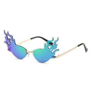 Frameless flame-shaped sunglasses with gradient blue-purple lenses and gold metal arms