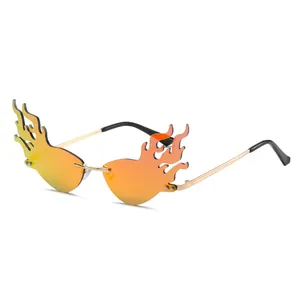 Fashion flame-shaped rimless sunglasses with orange gradient lenses and gold metal temples