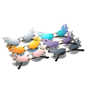 Set of six colorful rimless flame-shaped sunglasses with stylish gold metal frames