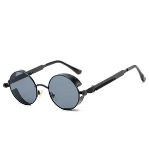 Retro punk round metal sunglasses with steampunk side shields and dark grey lenses