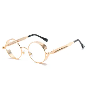 Retro steampunk round metal sunglasses with gold frame and decorative side shields