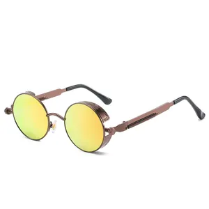 Punk vintage round metal sunglasses with steampunk side shields and orange mirrored lenses