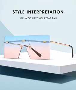 Détails de lunettes de soleil sans monture avec verres dégradés bleu-rose et branches dorées