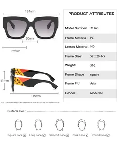 Detailed size chart and dimensions of the square sunglasses featuring leopard pattern legs