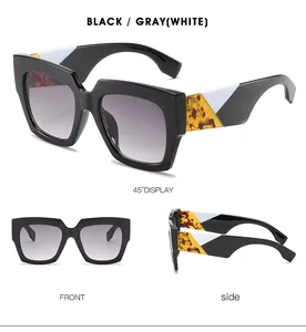 Classic large square sunglasses with unique tricolor geometric temples and gray lenses