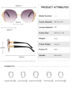 Detailed size chart and specifications for rimless rhinestone gradient sunglasses