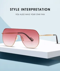 Detailed macro view of pink gradient shield sunglasses with golden engraved temples