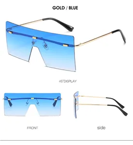 Trois vues de lunettes de soleil sans monture oversize avec branches dorées et verres dégradés