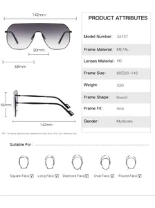 Detailed size chart for rimless oversized sunglasses with metal frame and round lens