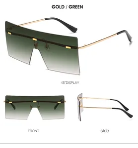 Trois vues de lunettes de soleil surdimensionnées sans monture dorée et verres dégradés verts