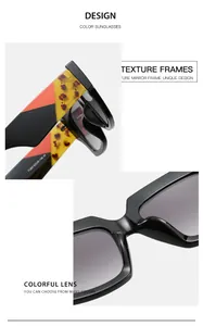 Detail view of bold square sunglasses featuring multi-color spliced temples and CE markings