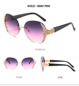 Detail view of oversized rimless sunglasses with rhinestone accents and gradient lenses