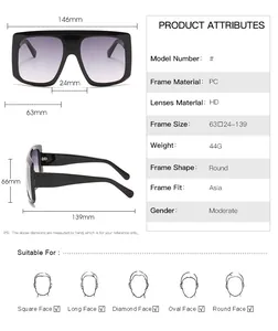 Scheda tecnica per occhiali da sole donna oversize con lenti sfumate viola in HD