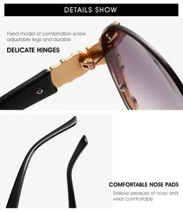 Detail view of gold metal hinges and integrated nose pads on oversized sunglasses
