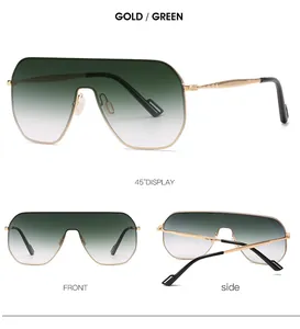 Three-angle view of oversized rimless sunglasses with gold frame and green gradient lenses