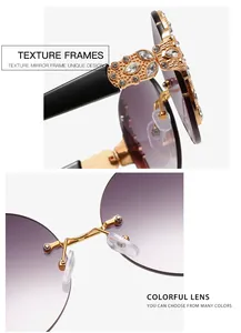 Macro detail of luxury rimless sunglasses with purple gradient lenses and rhinestone hinge