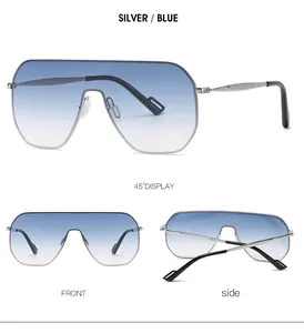 Close-up of frameless wrap-around sunglasses with silver frame and blue gradient lenses