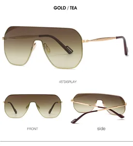 Three-view detail of rimless shield sunglasses with gold metal frames and tea lenses