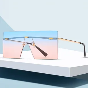 Lunettes de Soleil Carrées Oversize Sans Monture à la Mode pour Femmes Hommes Monture en Métal UV400 Lunettes de Soleil Dégradées Shield pour Conduite Plage Voyage