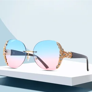 Women Rimless Oversized Round Sunglasses Luxury Rhinestone Gradient Lens UV400 Retro Fashion Shades Elegant Eyewear