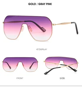 Detailed views of gold rimless oversized sunglasses with purple-pink gradient lenses