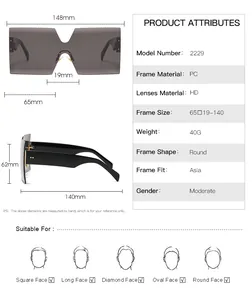 Detailed size chart for oversized square sunglasses featuring 2229 model frame measurements