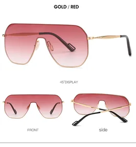 Detailed views of gold rimless shield sunglasses with red gradient lenses from three angles