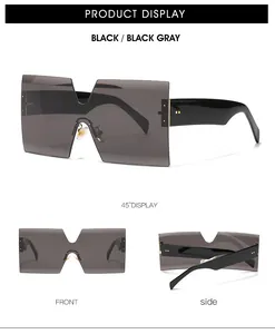 Detailed multi-angle view of oversized black shield sunglasses with gold rivet accents