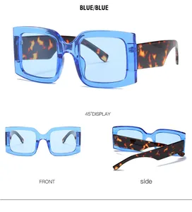 Detail views of square sunglasses in blue frame with leopard pattern temples