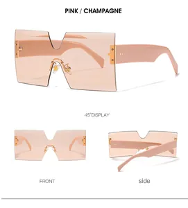 Detail view of pink champagne oversized square sunglasses from front and side angles